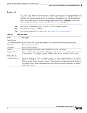 Page 191  
9-43
Cisco Prime Network 4.3.2 User Guide
Chapter 9      Manage Device Configurations and Software Images
  Making Sure Devices Conform to Policies Using Compliance Audit
Creating a Rule
For a policy to run against devices and generate violations, you must specify rules within the policy and 
define the conditions and the relevant fixes for violations. Rules are platform-specific. Each policy must 
contain at least one rule; however, there is no limitation on the number of rules you can define for a...