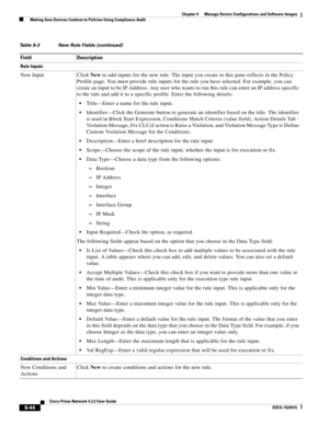 Page 192  
9-44
Cisco Prime Network 4.3.2 User Guide
EDCS-1524415
Chapter 9      Manage Device Configurations and Software Images
  Making Sure Devices Conform to Policies Using Compliance Audit
Rule Inputs
New Input Click New to add inputs for the new rule. The input you create in this pane reflects in the Policy 
Profile page. You must provide rule inputs for the rule you have selected. For example, you can 
create an input to be IP Address. Any user who wants to run this rule can enter an IP address specific...