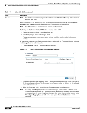 Page 196  
9-48
Cisco Prime Network 4.3.2 User Guide
EDCS-1524415
Chapter 9      Manage Device Configurations and Software Images
  Making Sure Devices Conform to Policies Using Compliance Audit
Fix CLINoteThis field is available only if you selected User defined Violation Message in the Violation 
Message Type field.
Enter a relevant CLI fix if the device does not meet the condition specified. Do not enter config t, 
configure, and its exit commands. Rule inputs and Grep outputs can be used here. 
NoteThe exit...