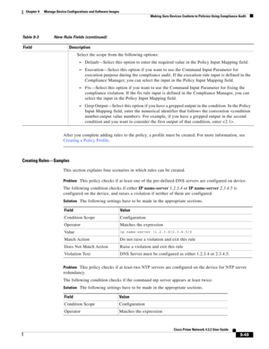 Page 197  
9-49
Cisco Prime Network 4.3.2 User Guide
Chapter 9      Manage Device Configurations and Software Images
  Making Sure Devices Conform to Policies Using Compliance Audit
After you complete adding rules to the policy, a profile must be created. For more information, see 
Creating a Policy Profile.
Creating Rules—Samples
This section explains four scenarios in which rules can be created.
ProblemThis policy checks if at least one of the pre-defined DNS servers are configured on device. 
The following...