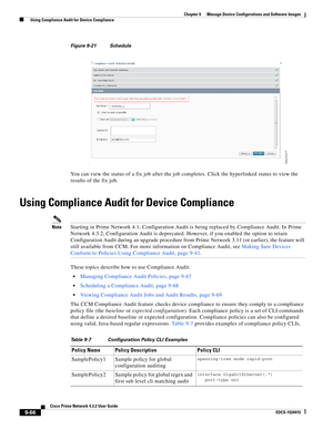 Page 214  
9-66
Cisco Prime Network 4.3.2 User Guide
EDCS-1524415
Chapter 9      Manage Device Configurations and Software Images
  Using Compliance Audit for Device Compliance
Figure 9-21 Schedule
You can view the status of a fix job after the job completes. Click the hyperlinked status to view the 
results of the fix job.
Using Compliance Audit for Device Compliance
NoteStarting in Prime Network 4.1, Configuration Audit is being replaced by Compliance Audit. In Prime 
Network 4.3.2, Configuration Audit is...