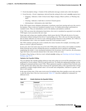 Page 227  
10-7
Cisco Prime Network 4.3.2 User Guide
Chapter 10      How Prime Network Handles Incoming Events
  How Prime Network Correlates Incoming Events
Event description strings—Content of the notification message content and a short description
Event Severity—Event’s importance, derived from the setting for the event’s severity registry key): 
–Flagging—Indicates a fault: Critical (red), Major (orange), Minor (yellow), or Warning (sky 
blue)
–Clearing—Indicates a fault that is resolved: Cleared (green)...