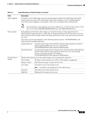 Page 25 
3-15
Cisco Prime Network 4.3.2 User Guide
Chapter 3      Setting Up Change and Configuration Management
  Setting Up Image Management
Warm Upgrade If checked, a Cisco IOS image can read in and decompress another Cisco IOS image and transfer 
control to this new image. This functionality reduces the downtime of a device during planned 
Cisco IOS software upgrades or downgrades. This can be overridden when creating the job.
NoteYou can perform a warm upgrade only on Cisco IOS devices 12.3(2)T or later,...