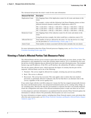 Page 251  
11-15
Cisco Prime Network 4.3.2 User Guide
Chapter 11      Managing Tickets with the Vision Client
  Troubleshooting a Ticket
The Advanced tab provides the ticket’s totals for the same information:
For more information about how Prime Network processes flapping events, see How Prime Network 
Correlates Incoming Events, page 10-4.
Viewing a Ticket’s Affected Parties Tab (Resource Pairs)
The Affected Parties tab lists service resources (pairs) that are affected by an event, alarm, or ticket. This...