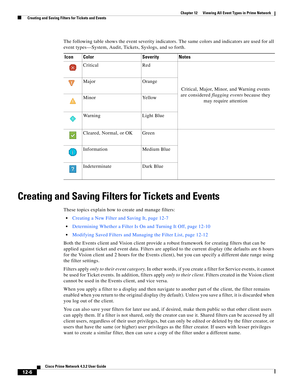 Page 270  
12-6
Cisco Prime Network 4.3.2 User Guide
Chapter 12      Viewing All Event Types in Prime Network
  Creating and Saving Filters for Tickets and Events
The following table shows the event severity indicators. The same colors and indicators are used for all 
event types—System, Audit, Tickets, Syslogs, and so forth.
Creating and Saving Filters for Tickets and Events
These topics explain how to create and manage filters:
Creating a New Filter and Saving It, page 12-7
Determining Whether a Filter Is On...