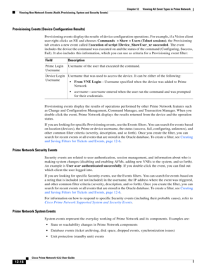 Page 282  
12-18
Cisco Prime Network 4.3.2 User Guide
Chapter 12      Viewing All Event Types in Prime Network
  Viewing Non-Network Events (Audit, Provisioning, System and Security Events)
Provisioning Events (Device Configuration Results)
Provisioning events display the results of device configuration operations. For example, if a Vision client 
user right-clicks an NE and chooses Commands  > Show > Users (Telnet sessions), the Provisioning 
tab creates a new event called Execution of script...