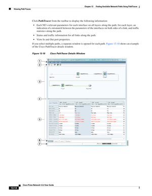 Page 298  
13-14
Cisco Prime Network 4.3.2 User Guide
Chapter 13      Finding Available Network Paths Using PathTracer
  Viewing Path Traces
Click PathTracer from the toolbar to display the following information:
Each NE’s relevant parameters for each interface on all layers along the path; for each layer, an 
indication of a mismatch between the parameters of the interfaces on both sides of a link; and traffic 
statistics along the path.
Status and traffic information for all links along the path.
View In and...