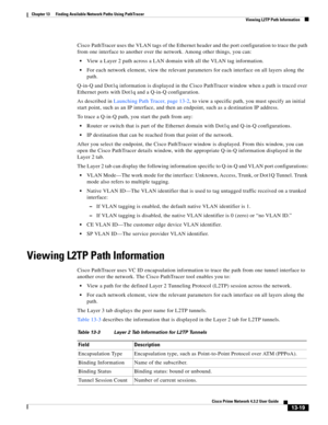 Page 303  
13-19
Cisco Prime Network 4.3.2 User Guide
Chapter 13      Finding Available Network Paths Using PathTracer
  Viewing L2TP Path Information
Cisco PathTracer uses the VLAN tags of the Ethernet header and the port configuration to trace the path 
from one interface to another over the network. Among other things, you can:
View a Layer 2 path across a LAN domain with all the VLAN tag information.
For each network element, view the relevant parameters for each interface on all layers along the 
path....