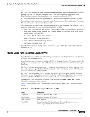 Page 307  
13-23
Cisco Prime Network 4.3.2 User Guide
Chapter 13      Finding Available Network Paths Using PathTracer
  Using Cisco PathTracer in MPLS Networks
For Layer 3 path information, Prime Network uses VRF routing and label switching information to trace 
the path from one VRF interface to another. Layer 3 path trace information is displayed in the 
Cisco PathTracer window when the path goes over connections and ends in VRFs. 
If a VRF table includes more than one path toward a destination, Cisco...