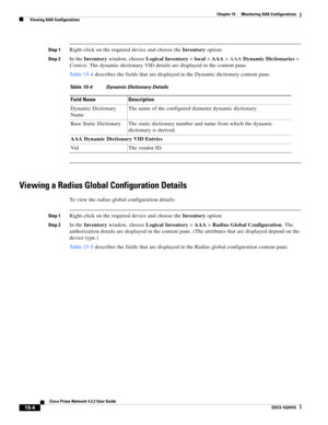 Page 318  
15-4
Cisco Prime Network 4.3.2 User Guide
EDCS-1524415
Chapter 15      Monitoring AAA Configurations
  Viewing AAA Configurations
Step 1Right-click on the required device and choose the Inventory option. 
Step 2In the Inventory window, choose Logical Inventory>local > AAA>AAA Dynamic Dictionaries > 
Context. The dynamic dictionary VID details are displayed in the content pane. 
Table 15-4 describes the fields that are displayed in the Dynamic dictionary content pane.
Viewing a Radius Global...