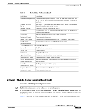 Page 319  
15-5
Cisco Prime Network 4.3.2 User Guide
EDCS-1524415
Chapter 15      Monitoring AAA Configurations
  Viewing AAA Configurations
Viewing TACACS+ Global Configuration Details
To view the TACACS+ global configuration details:
Step 1Right-click on the required device and choose the Inventory option. 
Step 2In the Inventory window, choose Logical Inventory>AAA>TACACS+ Global Configuration. The 
configuration details are displayed in the content pane. (The attributes that are displayed depend on the...