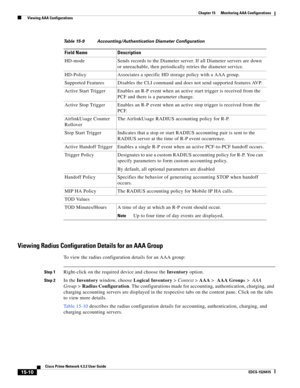 Page 324  
15-10
Cisco Prime Network 4.3.2 User Guide
EDCS-1524415
Chapter 15      Monitoring AAA Configurations
  Viewing AAA Configurations
Viewing Radius Configuration Details for an AAA Group
To view the radius configuration details for an AAA group:
Step 1Right-click on the required device and choose the Inventory option. 
Step 2In the Inventory window, choose Logical Inventory>Context>AAA> AAA Groups> AAA 
Group>Radius Configuration. The configurations made for accounting, authentication, charging, and...