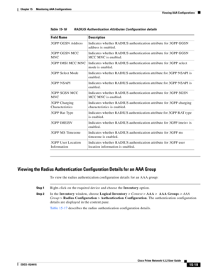 Page 333  
15-19
Cisco Prime Network 4.3.2 User Guide
EDCS-1524415
Chapter 15      Monitoring AAA Configurations
  Viewing AAA Configurations
Viewing the Radius Authentication Configuration Details for an AAA Group
To view the radius authentication configuration details for an AAA group:
Step 1Right-click on the required device and choose the Inventory option. 
Step 2In the Inventory window, choose Logical Inventory>Context>AAA> AAA Groups>AAA 
Group>Radius Configuration>Authentication Configuration. The...