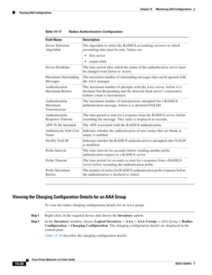 Page 334  
15-20
Cisco Prime Network 4.3.2 User Guide
EDCS-1524415
Chapter 15      Monitoring AAA Configurations
  Viewing AAA Configurations
Viewing the Charging Configuration Details for an AAA Group
To view the radius charging configuration details for an AAA group:
Step 1Right-click on the required device and choose the Inventory option. 
Step 2In the Inventory window, choose Logical Inventory>AAA>AAA Groups>AAA Group>Radius 
Configuration>Charging Configuration. The charging configuration details are...