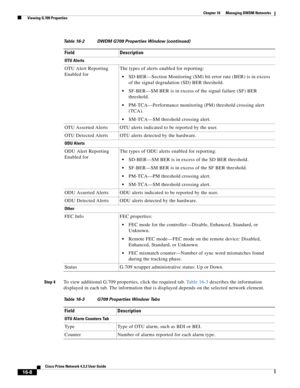 Page 346  
16-8
Cisco Prime Network 4.3.2 User Guide
Chapter 16      Managing DWDM Networks
  Viewing G.709 Properties
Step 4To view additional G.709 properties, click the required tab. Table 16-3 describes the information 
displayed in each tab. The information that is displayed depends on the selected network element.
OTU Alerts
OTU Alert Reporting 
Enabled forThe types of alerts enabled for reporting: 
SD-BER—Section Monitoring (SM) bit error rate (BER) is in excess 
of the signal degradation (SD) BER...