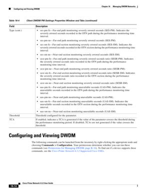 Page 352  
16-14
Cisco Prime Network 4.3.2 User Guide
Chapter 16      Managing DWDM Networks
  Configuring and Viewing DWDM
Configuring and Viewing DWDM
The following commands can be launched from the inventory by right-clicking the appropriate node and 
choosing Commands > Configuration. Your permissions determine whether you can run these 
commands (see Permissions for Managing DWDM, page B-16). To find out if a device supports these 
commands, see the Cisco Prime Network 4.3.2 Supported Cisco VNEs. Type...