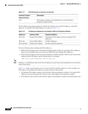 Page 360  
17-4
Cisco Prime Network 4.3.2 User Guide
Chapter 17      Managing MPLS Networks
  Viewing IPv6 Information (6VPE)
The IP addresses that appear depend on whether the interface has only IPv4 addresses, only IPv6 
addresses, or both IPv4 and IPv6 addresses, as shown in Table 17-2.
Note the following when working with IPv6 addresses:
MPLS label switching entries and Label Switching Entities (LSEs) do not display IPv6 addresses. 
However, the Neighbour Discovery Protocol (NDP) table does display IPv6...