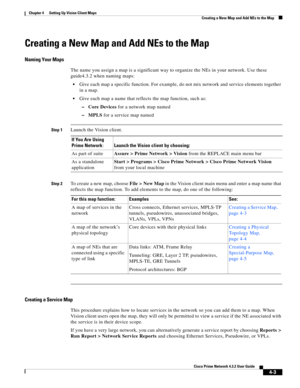 Page 37  
4-3
Cisco Prime Network 4.3.2 User Guide
Chapter 4      Setting Up Vision Client Maps
  Creating a New Map and Add NEs to the Map
Creating a New Map and Add NEs to the Map
Naming Your Maps
The name you assign a map is a significant way to organize the NEs in your network. Use these 
guide4.3.2 when naming maps:
Give each map a specific function. For example, do not mix network and service elements together 
in a map.
Give each map a name that reflects the map function, such as:
–Core Devices for a...