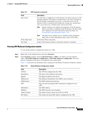 Page 387  
17-31
Cisco Prime Network 4.3.2 User Guide
Chapter 17      Managing MPLS Networks
  Monitoring MPLS Services
Viewing VRF Multicast Configuration details
To view global multicast configuration details for a VRF:
Step 1Right-click on the required device and select Inventory.
Step 2In the Inventory window, choose Logical Inventory > VRFs >vrf (where vrf is the required 
VRF)> IPV4VRF Multicast Configuration or IPV6VRF Multicast Configuration. The route 
policies configured on the device are displayed in...