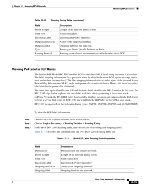 Page 391  
17-35
Cisco Prime Network 4.3.2 User Guide
Chapter 17      Managing MPLS Networks
  Monitoring MPLS Services
Viewing IPv4 Label in BGP Routes
The labeled BGP IPv4 (RFC 3107) enables BGP to distribute MPLS label along the routes it advertises. 
The label mapping information for a particular route is added in the same BGP update message that is 
used to distribute the route itself. The label mapping information is carried as a part of the Network Layer 
Reachability Information (NLRI) in the...