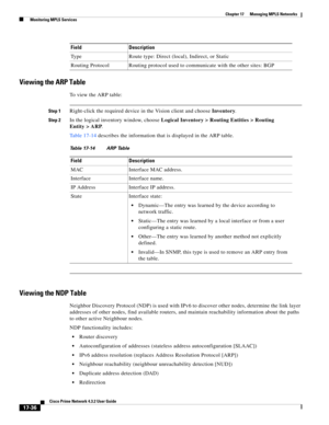 Page 392  
17-36
Cisco Prime Network 4.3.2 User Guide
Chapter 17      Managing MPLS Networks
  Monitoring MPLS Services
Viewing the ARP Table
To  v i e w  t h e  A R P  t a b l e :  
Step 1Right-click the required device in the Vision client and choose Inventory. 
Step 2In the logical inventory window, choose Logical Inventory > Routing Entities > Routing 
Entity > ARP. 
Table 17-14 describes the information that is displayed in the ARP table.
Viewing the NDP Table
Neighbor Discovery Protocol (NDP) is used with...