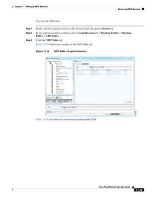 Page 393  
17-37
Cisco Prime Network 4.3.2 User Guide
Chapter 17      Managing MPLS Networks
  Monitoring MPLS Services
To view the NDP table:
Step 1Right-click the required device in the Vision client and choose Inventory. 
Step 2In the logical inventory window, choose Logical Inventory > Routing Entities > Routing 
Entity > ARP Entity. 
Step 3Click the NDP Table tab. 
Figure 17-18 shows an example of the NDP Table tab.
Figure 17-18 NDP Table in Logical Inventory 
Table 17-15 describes the information displayed...