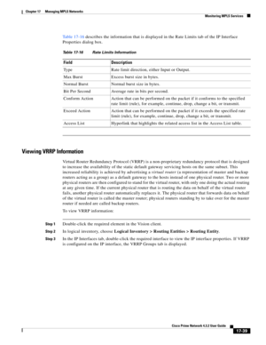 Page 395  
17-39
Cisco Prime Network 4.3.2 User Guide
Chapter 17      Managing MPLS Networks
  Monitoring MPLS Services
Table 17-16 describes the information that is displayed in the Rate Limits tab of the IP Interface 
Properties dialog box. 
Viewing VRRP Information
Virtual Router Redundancy Protocol (VRRP) is a non-proprietary redundancy protocol that is designed 
to increase the availability of the static default gateway servicing hosts on the same subnet. This 
increased reliability is achieved by...