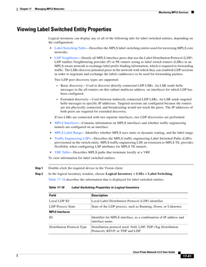 Page 397  
17-41
Cisco Prime Network 4.3.2 User Guide
Chapter 17      Managing MPLS Networks
  Monitoring MPLS Services
Viewing Label Switched Entity Properties
Logical inventory can display any or all of the following tabs for label switched entities, depending on 
the configuration: 
Label Switching Table—Describes the MPLS label switching entries used for traversing MPLS core 
networks. 
LDP Neighbours—Details all MPLS interface peers that use the Label Distribution Protocol (LDP). 
LDP enables Neighbouring...