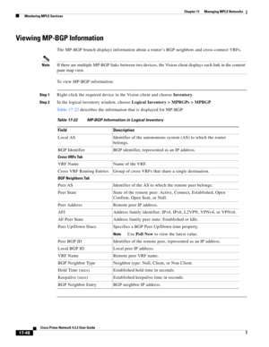 Page 404  
17-48
Cisco Prime Network 4.3.2 User Guide
Chapter 17      Managing MPLS Networks
  Monitoring MPLS Services
Viewing MP-BGP Information 
The MP-BGP branch displays information about a router’s BGP neighbors and cross-connect VRFs. 
NoteIf there are multiple MP-BGP links between two devices, the Vision client displays each link in the content 
pane map view.
To view MP-BGP information: 
Step 1Right-click the required device in the Vision client and choose Inventory. 
Step 2In the logical inventory...