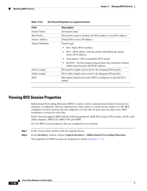 Page 406  
17-50
Cisco Prime Network 4.3.2 User Guide
Chapter 17      Managing MPLS Networks
  Monitoring MPLS Services
Viewing BFD Session Properties
Bidirectional Forwarding Detection (BFD) is used to detect communication failures between two 
elements, or endpoints, that are connected by a link, such as a virtual circuit, tunnel, or LSP. BFD 
establishes sessions between the two endpoints over the link. If more than one link exists, BFD 
establishes a session for each link. 
Prime Network supports BFD with...