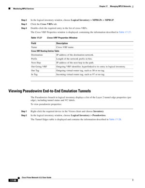 Page 414  
17-58
Cisco Prime Network 4.3.2 User Guide
Chapter 17      Managing MPLS Networks
  Monitoring MPLS Services
Step 2In the logical inventory window, choose Logical Inventory > MPBGPs > MPBGP. 
Step 3Click the Cross VRFs tab. 
Step 4Double-click the required entry in the list of cross-VRFs. 
The Cross VRF Properties window is displayed, containing the information described in Table 17-27. 
Viewing Pseudowire End-to-End Emulation Tunnels 
The Pseudowires branch in logical inventory displays a list of the...
