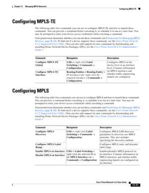 Page 427  
17-71
Cisco Prime Network 4.3.2 User Guide
Chapter 17      Managing MPLS Networks
  Configuring MPLS-TE
Configuring MPLS-TE
The following table lists commands you can use to configure MPLS-TE and how to launch these 
commands. You can preview a command before executing it, or schedule it to run at a later time. You 
may be prompted to enter your device access credentials while executing a command. 
Your permissions determine whether you can run these commands (see Permissions for Managing MPLS...