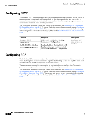 Page 428  
17-72
Cisco Prime Network 4.3.2 User Guide
Chapter 17      Managing MPLS Networks
  Configuring RSVP
Configuring RSVP
The following RSVP commands manage a reserved-bandwidth path between hosts or the end systems to 
predetermine and ensure Quality of Service (QoS) for their data transmission. You can preview a 
command before executing it, or schedule it to run at a later time. You may be prompted to enter your 
device access credentials while executing a command. 
Your permissions determine whether...