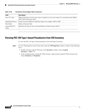 Page 434  
17-78
Cisco Prime Network 4.3.2 User Guide
Chapter 17      Managing MPLS Networks
  Viewing FEC 129-based Pseudowire from Logical Inventory
Viewing FEC 129 Type I-based Pseudowire from VSI Inventory
To view the FEC 129 Type I-based pseudowire from VSI logical inventory:
Step 1To view VSI properties in the Vision client, open the VSI Properties window in either of the following 
ways: 
Double-click the required VNE and, in the Inventory window, choose Logical 
Inventory > VSIs >vsi. 
In the navigation...