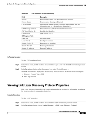 Page 447  
18-3
Cisco Prime Network 4.3.2 User Guide
Chapter 18      Managing Carrier Ethernet Configurations
  Viewing Link Layer Discovery Protocol Properties
In Physical Inventory
To view CDP on a Layer 2 port:
Step 1In the Vision client, double-click the device with the Layer 2 port with the CDP information you want 
to view.
Step 2In the Inventory window, select the required port under Physical Inventory. 
The CDP information is displayed in the Discovery Protocols area in the Vision client content pane:...