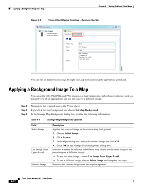 Page 46  
4-12
Cisco Prime Network 4.3.2 User Guide
Chapter 4      Setting Up Vision Client Maps
  Applying a Background Image To a Map
Figure 4-8 Vision Cllient Device Inventory—Business Tag Tab
You can edit or delete business tags by right-clicking them and using the appropriate command.
Applying a Background Image To a Map
You can apply GIF, JPG/JPEG, and PNG images as a map background. Subordinate windows (such as a 
detailed view of an aggregation) can use the same or a different image. 
Step 1Navigate to...