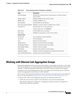 Page 461  
18-17
Cisco Prime Network 4.3.2 User Guide
Chapter 18      Managing Carrier Ethernet Configurations
  Working with Ethernet Link Aggregation Groups
Working with Ethernet Link Aggregation Groups
Ethernet link aggregation groups (LAGs) provide the ability to treat multiple switch ports as one switch 
port. The port groups act as a single logical port for high-bandwidth connections between two network 
elements. A single link aggregation group balances the traffic load across the links in the channel....