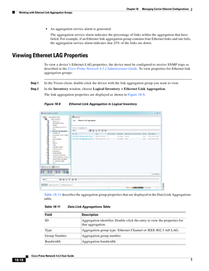 Page 462  
18-18
Cisco Prime Network 4.3.2 User Guide
Chapter 18      Managing Carrier Ethernet Configurations
  Working with Ethernet Link Aggregation Groups
An aggregation service alarm is generated. 
The aggregation service alarm indicates the percentage of links within the aggregation that have 
failed. For example, if an Ethernet link aggregation group contains four Ethernet links and one fails, 
the aggregation service alarm indicates that 25% of the links are down.
Viewing Ethernet LAG Properties
To view...