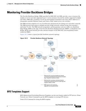 Page 471  
18-27
Cisco Prime Network 4.3.2 User Guide
Chapter 18      Managing Carrier Ethernet Configurations
  Monitoring Provider Backbone Bridges
Monitoring Provider Backbone Bridges
The Provider Backbone Bridge (PBB) specified by IEEE 802.1ah-2008, provide a way to increase the 
number of service provider supported Layer 2 service instances beyond the number supported by QinQ 
and VPLS. PBB adds a backbone VLAN tag and backbone destination and source MAC addresses to 
encapsulate customer Ethernet frames...