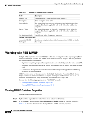 Page 488  
18-44
Cisco Prime Network 4.3.2 User Guide
Chapter 18      Managing Carrier Ethernet Configurations
  Working with PBB-MMRP
Working with PBB-MMRP
Multiple MAC registration protocol (MMRP) is a data link layer 2 protocol that registers group MAC 
addresses on multiple switches. The MMRP allows multicast traffic in bridged LANs and provides a 
mechanism to achieve the following:
Register or unregister group membership information across the bridges attached to the same LAN.
Register or unregister...