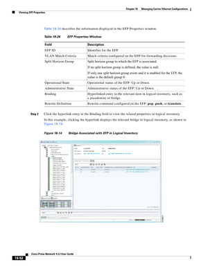 Page 496  
18-52
Cisco Prime Network 4.3.2 User Guide
Chapter 18      Managing Carrier Ethernet Configurations
  Viewing EFP Properties
Table 18-26 describes the information displayed in the EFP Properties window. 
Step 2Click the hyperlink entry in the Binding field to view the related properties in logical inventory. 
In this example, clicking the hyperlink displays the relevant bridge in logical inventory, as shown in 
Figure 18-14. 
Figure 18-14 Bridge Associated with EFP in Logical Inventory  Table 18-26...