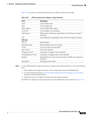 Page 497  
18-53
Cisco Prime Network 4.3.2 User Guide
Chapter 18      Managing Carrier Ethernet Configurations
  Viewing EFP Properties
Table 18-27 describes the information displayed for an EFP associated with a bridge. 
Step 3To view EFP properties in physical inventory, navigate to the required interface in one of the following 
ways: 
In the bridge entry in logical inventory, click the hyperlinked entry in the Binding field. 
Use the procedure described in Viewing and Renaming Ethernet Flow Domains, page...