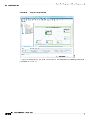 Page 510  
18-66
Cisco Prime Network 4.3.2 User Guide
Chapter 18      Managing Carrier Ethernet Configurations
  Working with VLANs
Figure 18-24 Edge EFP Inside a VLAN
An edge EFP can be displayed both inside and outside of its switching entity, as shown (highlighted with 
a red outline) in Figure 18-25:  