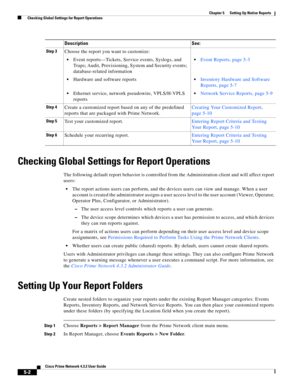 Page 52  
5-2
Cisco Prime Network 4.3.2 User Guide
Chapter 5      Setting Up Native Reports
  Checking Global Settings for Report Operations
Checking Global Settings for Report Operations
The following default report behavior is controlled from the Administration client and will affect report 
users:
The report actions users can perform, and the devices users can view and manage. When a user 
account is created the administrator assigns a user access level to the user account (Viewer, Operator, 
Operator Plus,...