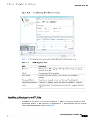 Page 515  
18-71
Cisco Prime Network 4.3.2 User Guide
Chapter 18      Managing Carrier Ethernet Configurations
  Working with VLANs
Figure 18-28 VLAN Mappings Tab in Physical Inventory 
Table 18-32 describes the information that is displayed in the VLAN Mappings table. 
Working with Associated VLANs
Prime Network discovers associations between network VLANs and displays the information in the 
Vision client. Network VLAN associations are represented by VLAN service links, and can be any of 
the tag manipulation...