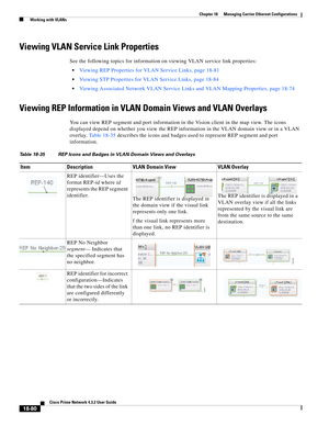 Page 524  
18-80
Cisco Prime Network 4.3.2 User Guide
Chapter 18      Managing Carrier Ethernet Configurations
  Working with VLANs
Viewing VLAN Service Link Properties
See the following topics for information on viewing VLAN service link properties:
Viewing REP Properties for VLAN Service Links, page 18-81
Viewing STP Properties for VLAN Service Links, page 18-84
Viewing Associated Network VLAN Service Links and VLAN Mapping Properties, page 18-74
Viewing REP Information in VLAN Domain Views and VLAN Overlays...