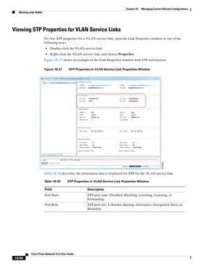 Page 528  
18-84
Cisco Prime Network 4.3.2 User Guide
Chapter 18      Managing Carrier Ethernet Configurations
  Working with VLANs
Viewing STP Properties for VLAN Service Links
To view STP properties for a VLAN service link, open the Link Properties window in one of the 
following ways: 
Double-click the VLAN service link.
Right-click the VLAN service link, and choose Properties. 
Figure 18-37 shows an example of the Link Properties window with STP information. 
Figure 18-37 STP Properties in VLAN Service Link...