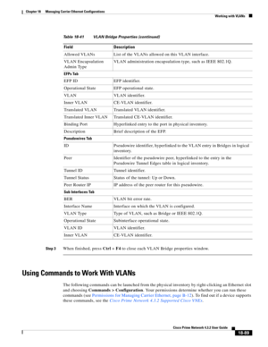 Page 533  
18-89
Cisco Prime Network 4.3.2 User Guide
Chapter 18      Managing Carrier Ethernet Configurations
  Working with VLANs
Step 3When finished, press Ctrl + F4 to close each VLAN Bridge properties window.
Using Commands to Work With VLANs
The following commands can be launched from the physical inventory by right-clicking an Ethernet slot 
and choosing Commands > Configuration. Your permissions determine whether you can run these 
commands (see Permissions for Managing Carrier Ethernet, page B-12). To...