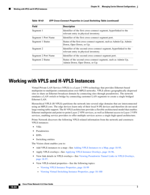 Page 538  
18-94
Cisco Prime Network 4.3.2 User Guide
Chapter 18      Managing Carrier Ethernet Configurations
  Working with VPLS and H-VPLS Instances
Working with VPLS and H-VPLS Instances
Virtual Private LAN Service (VPLS) is a Layer 2 VPN technology that provides Ethernet-based 
multipoint-to-multipoint communication over MPLS networks. VPLS allows geographically dispersed 
sites to share an Ethernet broadcast domain by connecting sites through pseudowires. The network 
emulates a LAN switch or bridge by...