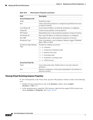 Page 544  
18-100
Cisco Prime Network 4.3.2 User Guide
Chapter 18      Managing Carrier Ethernet Configurations
  Working with VPLS and H-VPLS Instances
Viewing Virtual Switching Instance Properties 
To view VSI properties in the Vision client, open the VSI properties window in either of the following 
ways: 
Double-click the required device and, in the Inventory window, choose Logical 
Inventory > VSIs >vsi. 
In the navigation pane, expand the VPLS instance, right-click the required VPLS forward, and 
choose...